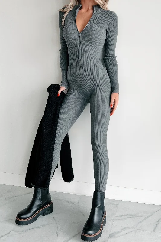 Trend Setting Threads Lowkey And Loving It Zip Front Ribbed Jumpsuit (Heather Grey)