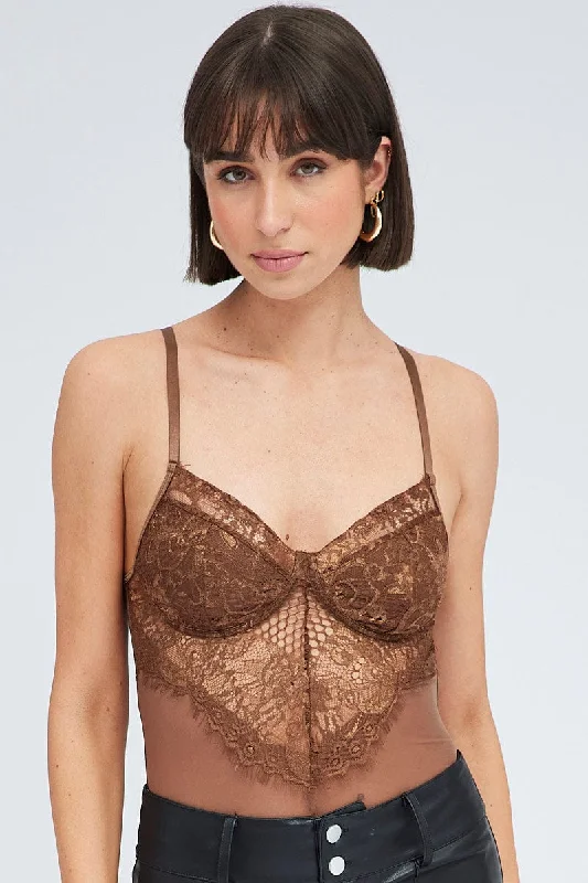 Quality Driven Apparel Brown Lace One Piece Bodysuit