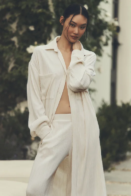 Daily Essentials Micro Plisse Shirt Dress - Oat Milk