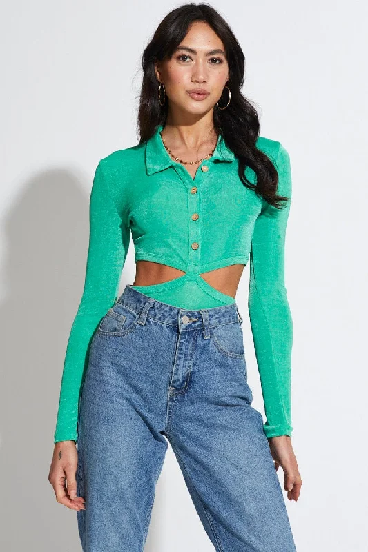 Trendy Fashion for Women Green Bodysuit Top Long Sleeve