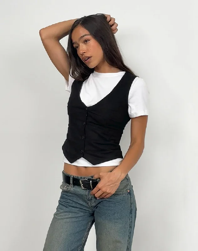 Casual Weekend Relaxed Style Cyna Button Through Vest Top in Black Linen