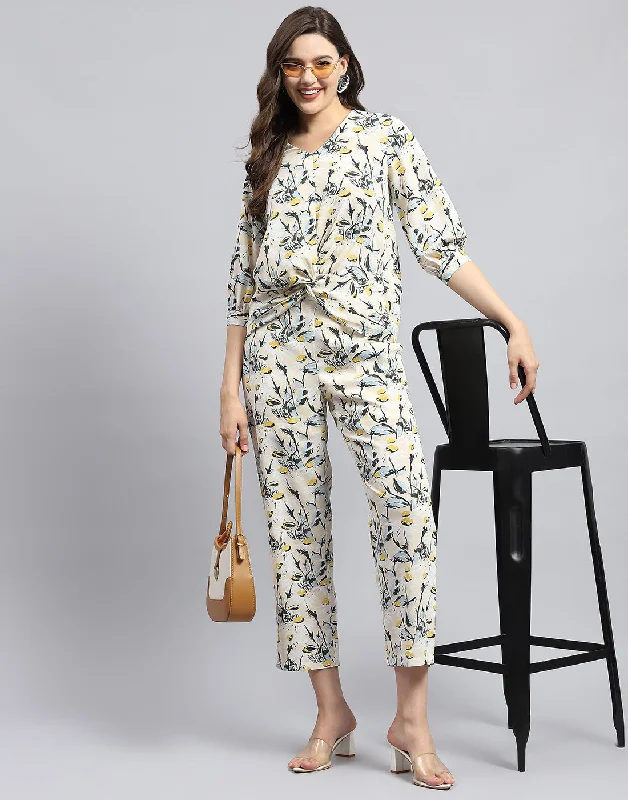 Style Revolution Women Pink & Yellow Floral Print V Neck 3/4 Sleeve Cords Set