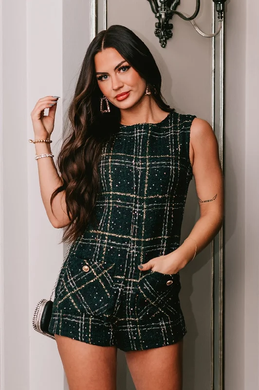 Trendy Attire For Her Getting To Know Me Tweed Romper (Green/Navy)