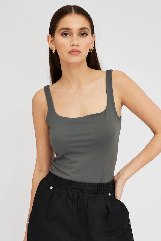 Style Revolution Grey Supersoft Bodysuit Sleeveless Square-Cut Neck