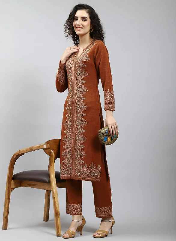 Chic And Edgy Women Orange Self Design Kurti+Lower Set for Winter