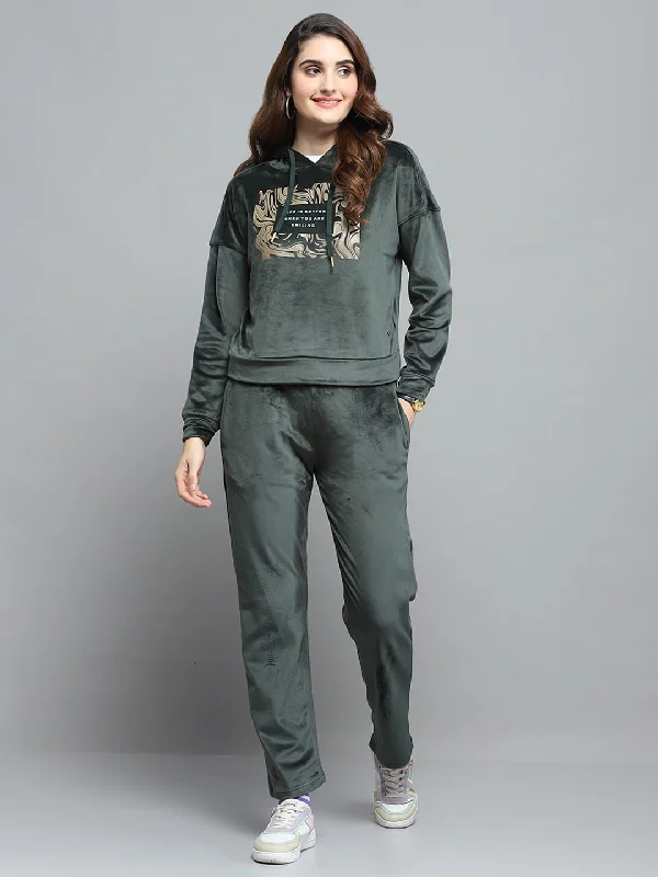 Trendsetter's Closet Women Olive Printed Hooded Full Sleeve Cords Set
