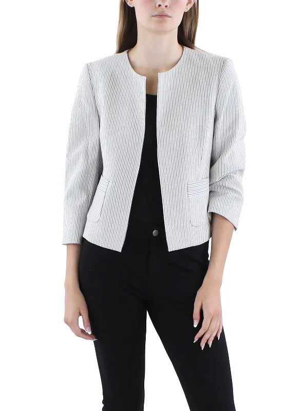 Comfort Centric Apparel Petites Womens Striped Polyester Open-Front Blazer