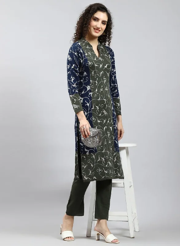 Style Versatile Women's Collection Women Green Self Design Kurti+Lower Set for Winter