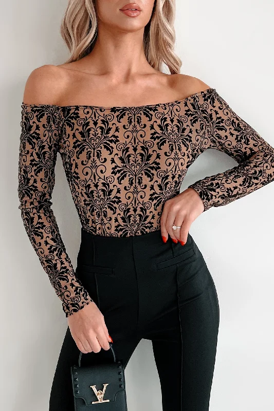 Limited Time Flash Sale Moreen Off The Shoulder Velvet Mesh Bodysuit (Coffee)