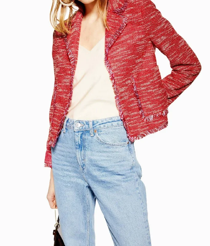 Style Upgrade Jersey Boucle Open Front Blazer In Red