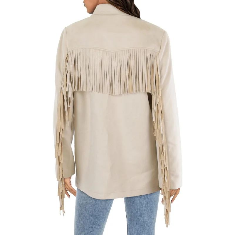 Innovate Your Wardrobe Womens Faux Suede Fringe Two-Button Blazer