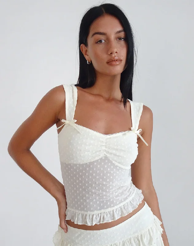 Feminine Soft - Hued Look Bartila Top in Ivory Polka Flock