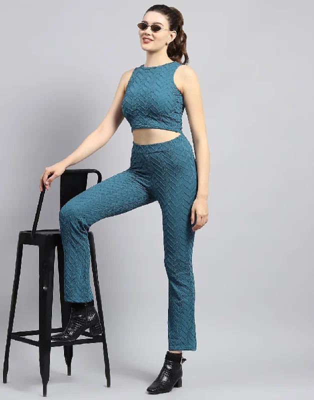 Cutting Edge Fashion Women Green Self Design Round Neck Sleeveless Cords Set