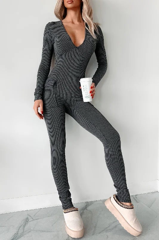 Limited Time Flash Sale Beautiful Curves Ribbed Cut-Out Back Jumpsuit (Black)