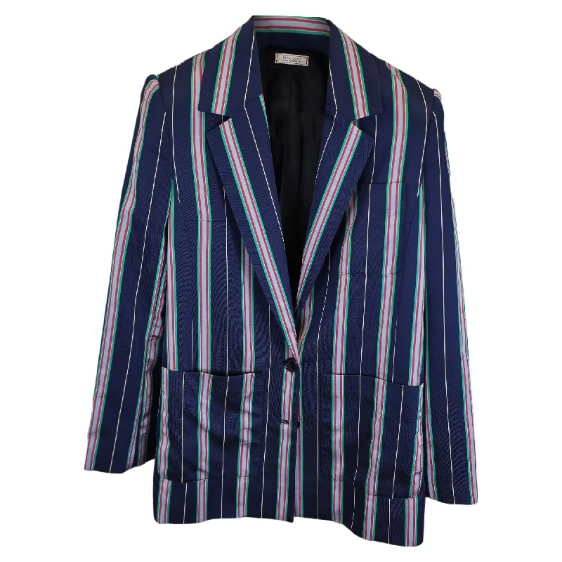 Signature Style Essentials Nina Ricci Striped Single-Breasted Blazer with Pockets in Navy Blue Acetate