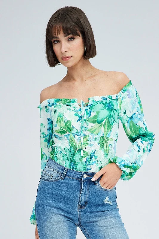 Effortless Chic Apparel Green Floral Bodysuit Long Sleeve Floral Print