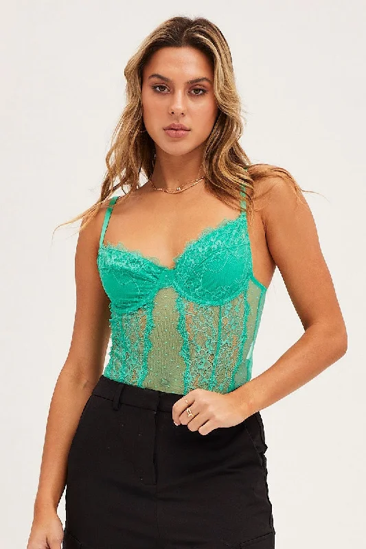 Daily Essentials Green Bodysuit Sleeveless Sweetheart Lace