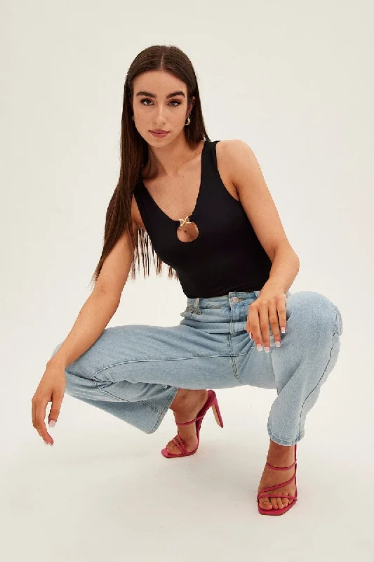 Sustainable Fashion Extravaganza Black Bodysuit Sleeveless Notched Neck Chain-Link