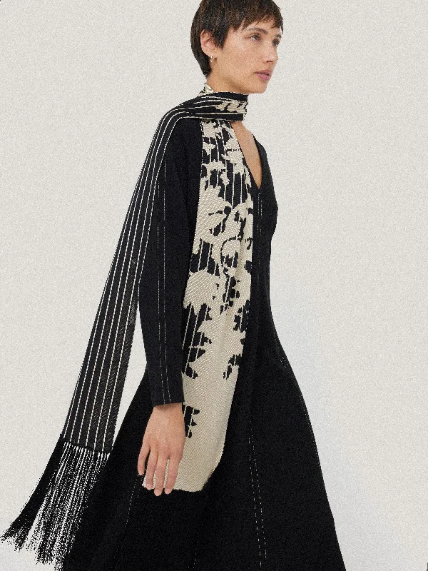 Eclectic Style Wardrobe Floral Pinstripe Fringed Scarf | Monochrome