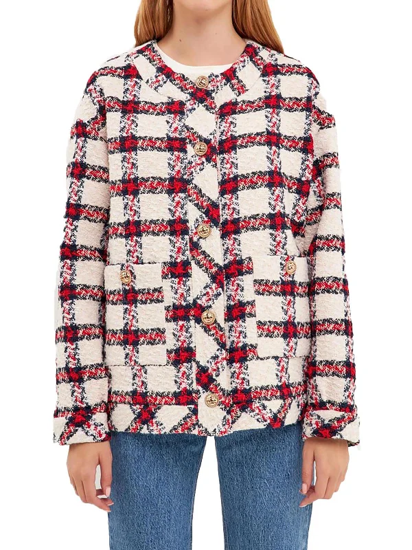 Cutting Edge Fashion Womens Tweed Plaid Collarless Blazer