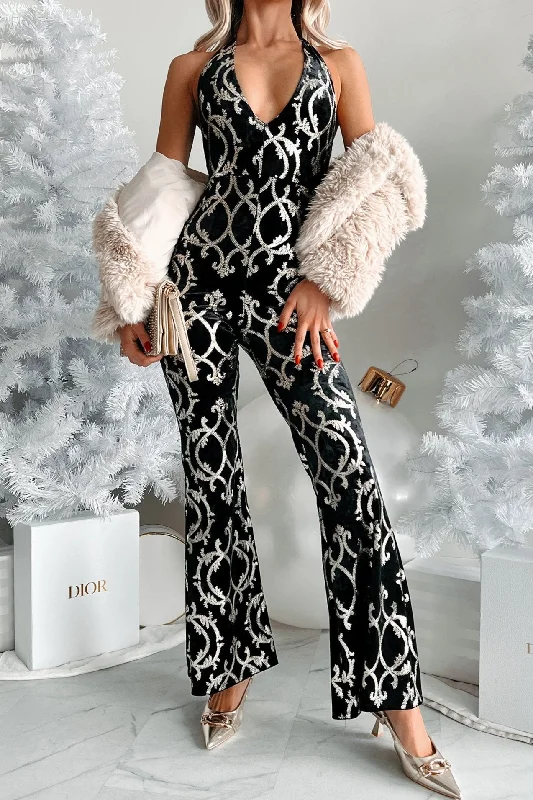 Chic Style Mesmerizing Tales Metallic Velvet Jumpsuit (Black)