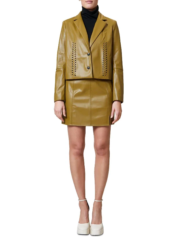 End Of Season Clearance Womens Faux Leather Long Sleeves Two-Button Blazer