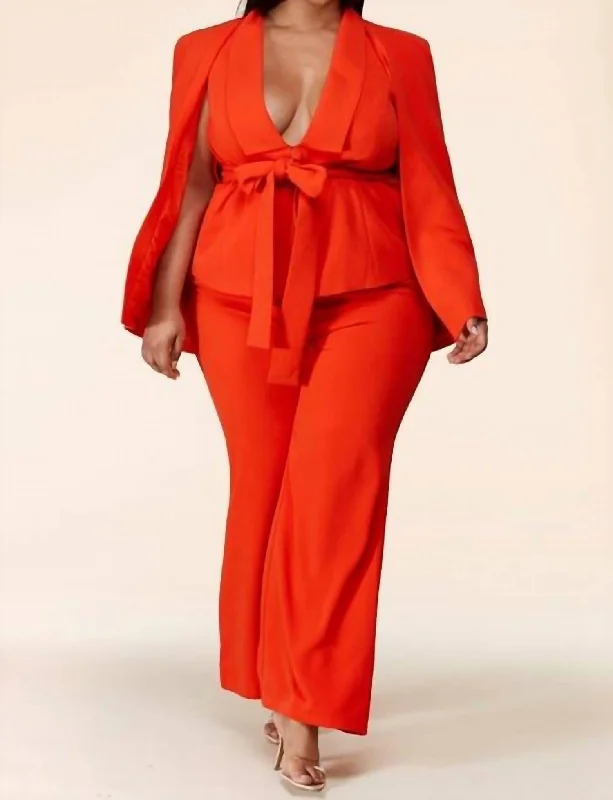 Trend Setting Wardrobe Caped Blazer Suit In Coral Red