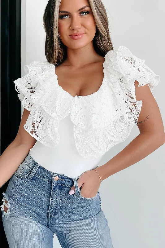 Trendy Women's Wear She's All Smiles Ruffled Crochet Lace Bodysuit (Off White)