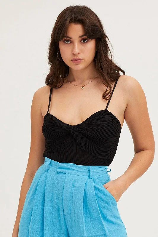 Trendy Street Style Black Ribbed Twist Front Bodysuit