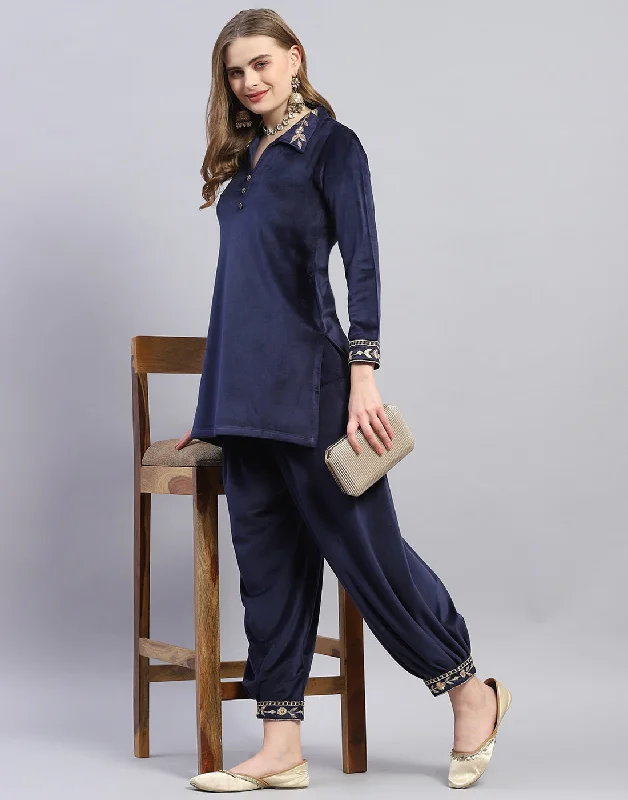 Versatile Wardrobe Essentials Women Navy Blue Embroidered Collar Full Sleeve Cords Set