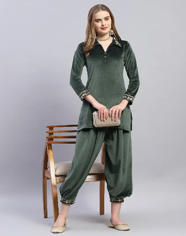 Trend Driven Wardrobe Women Green Embroidered Collar Full Sleeve Cords Set