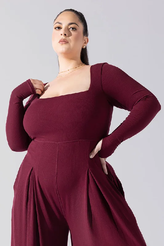Don't Miss Out Go With The Flow Long Sleeve Jumpsuit - Garnet