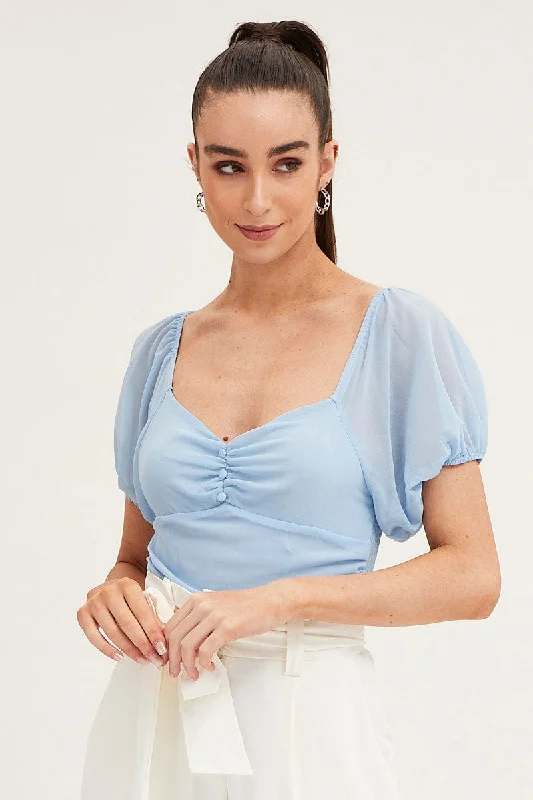 Trendy And Individual Women's Fashion Blue Bodysuit Top Short Sleeve Sweetheart