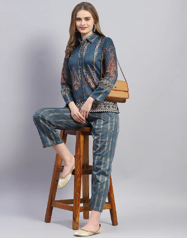 Trendy Urban Attire Women Teal Blue Embroidered Collar Full Sleeve Cords Set