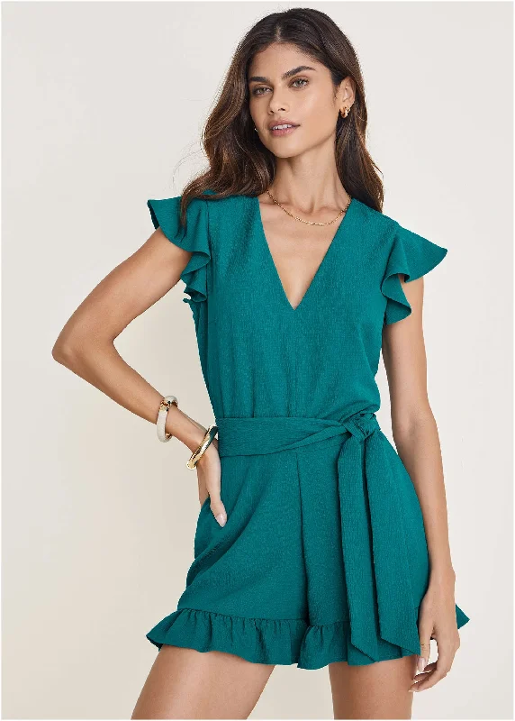 Trendy Styles Fluted Satin Romper - Teal