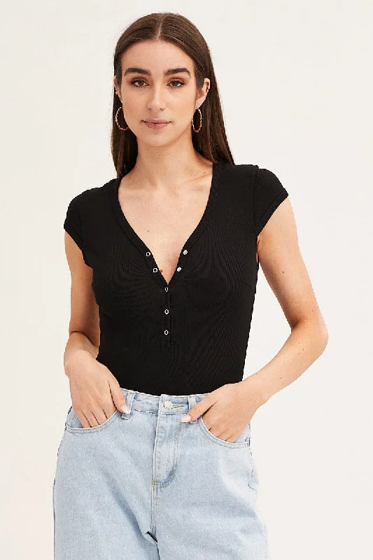 Seasonal Style Discounts Black Bodysuit Snap Button Short Sleeve Rib