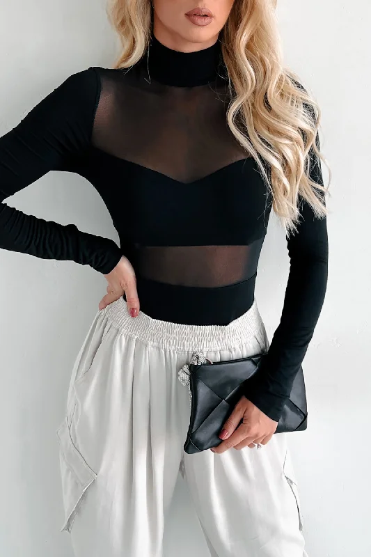 Latest Fashion Sultry Persona Mock Neck Mesh Detail Bodysuit (Black)