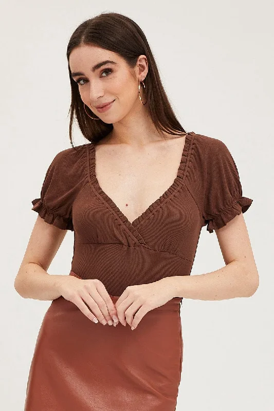 Vibrant Styles Brown Bodysuit Short Sleeve