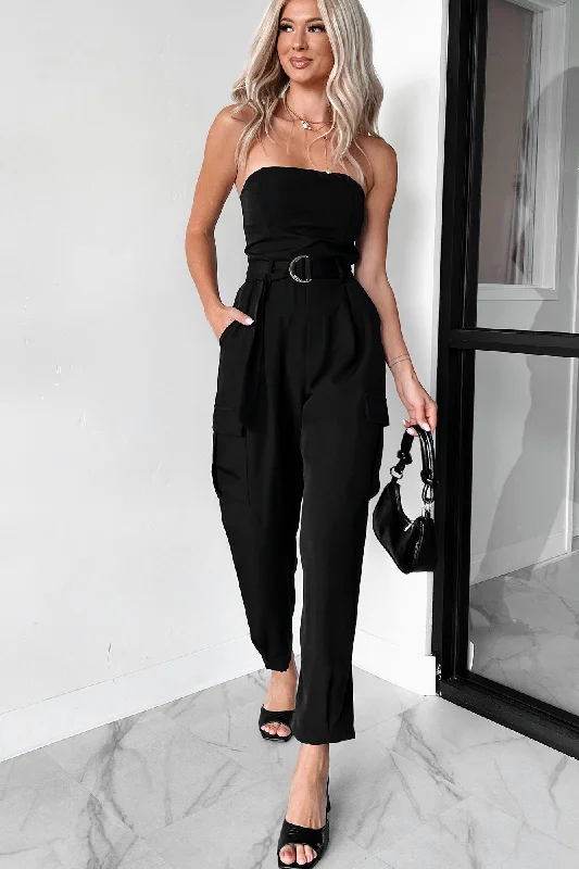 Chic & Cozy Apparel Old Money Belted Cargo Jumpsuit (Black)