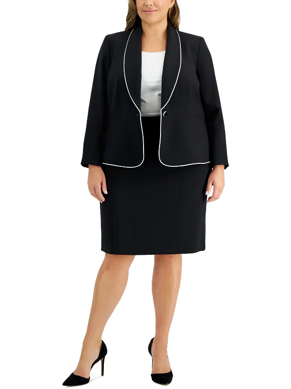 Trendy Women's Wear Collection Plus Womens Contrast Trim Polyester One-Button Blazer