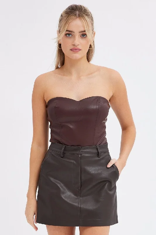 Summer Deals Brown Bodysuit Sleeveless Sweetheart Faux Leather
