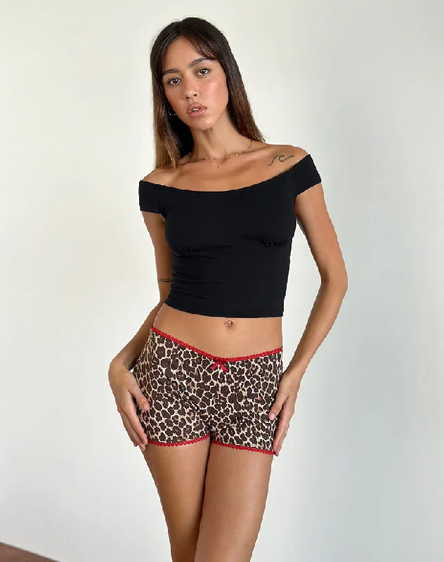 Cottagecore Rustic Charm Style Kichi Micro Shorts in Rar Leopard Sandstorm with Red Trim