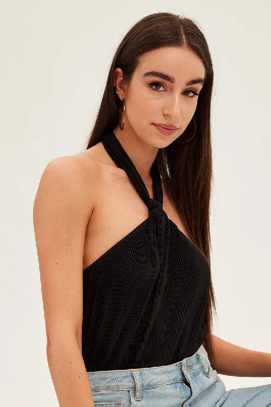 Redefining Women's Style Black Plisse Bodysuit Twist Halter Sleeveless