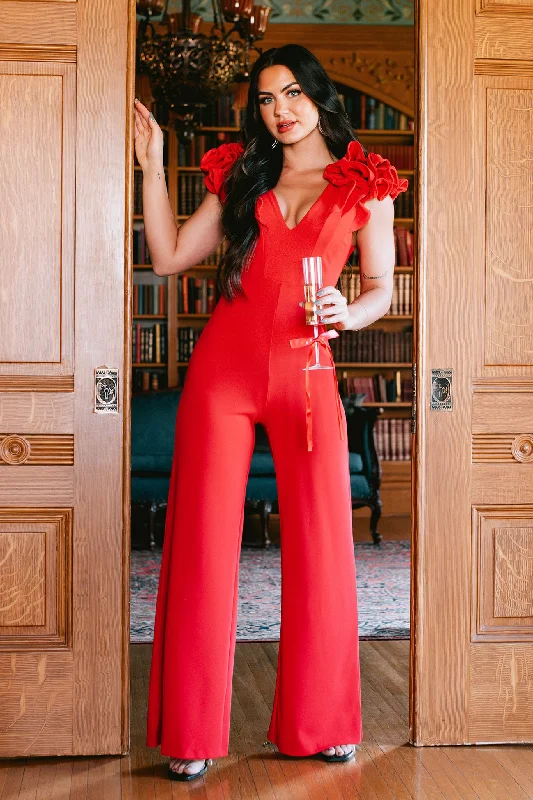 Limited Stock Forgetting My Troubles Ruffle Sleeve Jumpsuit (Red)