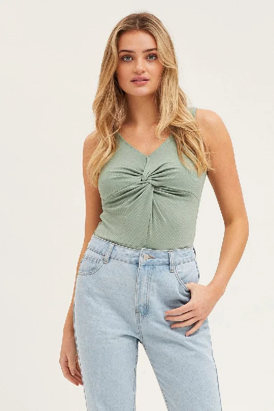 Casual Chic Green Rib V Neck Sleeveless Twist Front Bodysuit