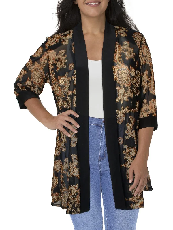 Chic Wardrobe Essentials Plus Womens Mesh Printed Duster Blazer