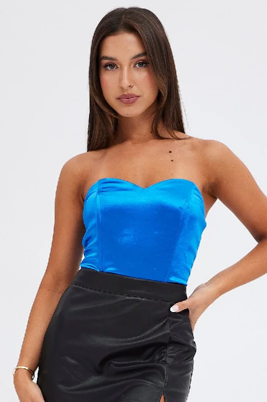 Hot Brand Discounts Blue Bodysuit Sleeveless Sweetheart Satin Stretch