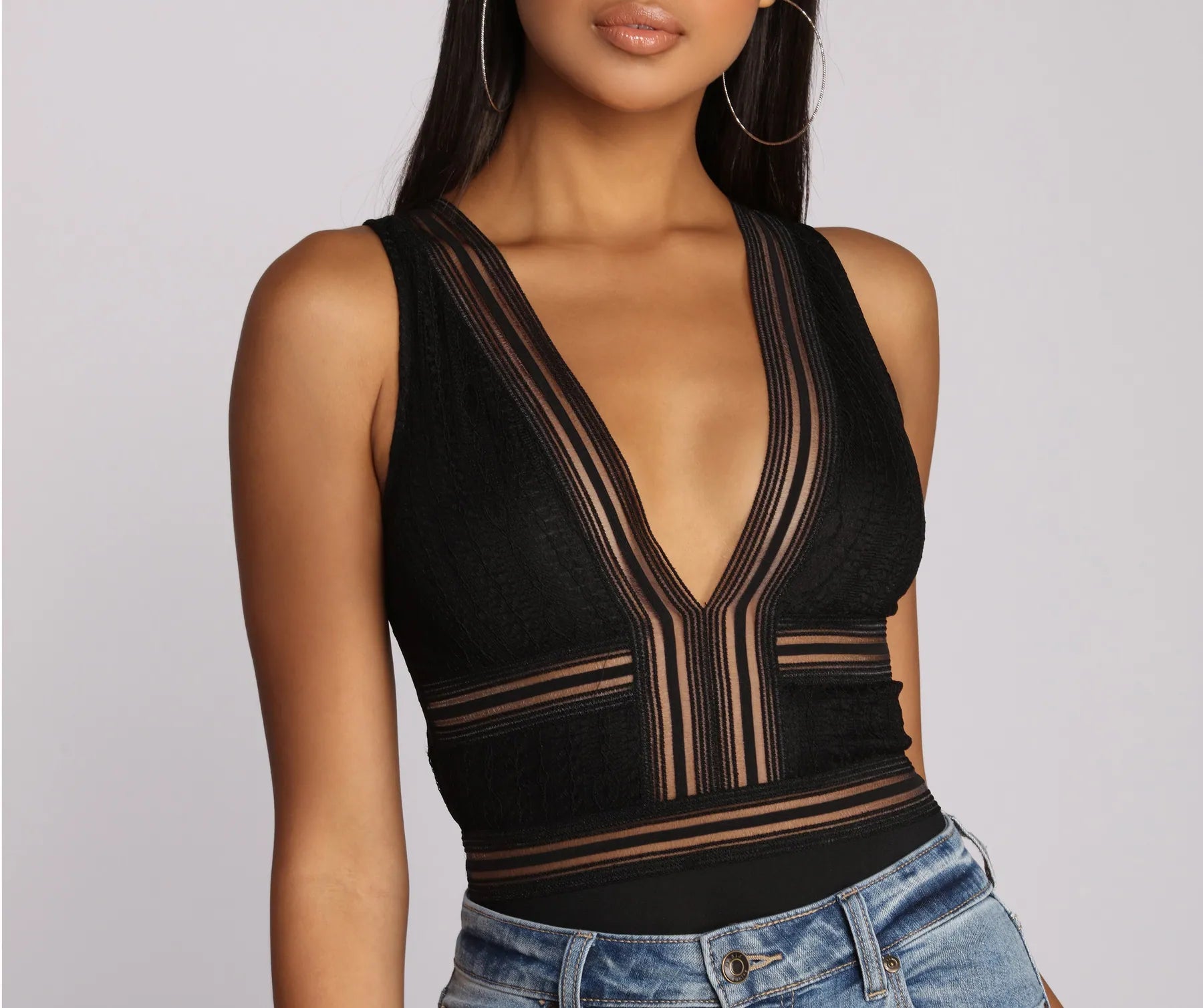 End Of Season Sale Go Deep Lace V Bodysuit
