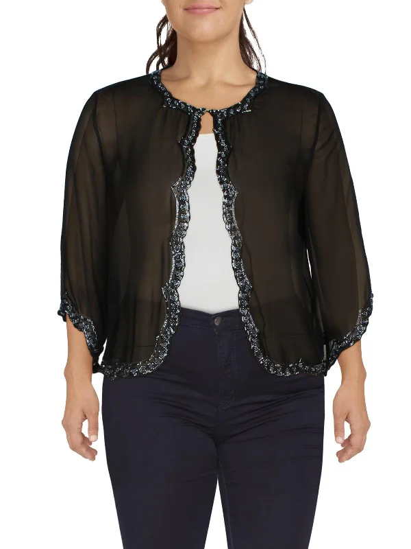 Runway Inspired Wear Petites Womens Chiffon Beaded Collarless Blazer