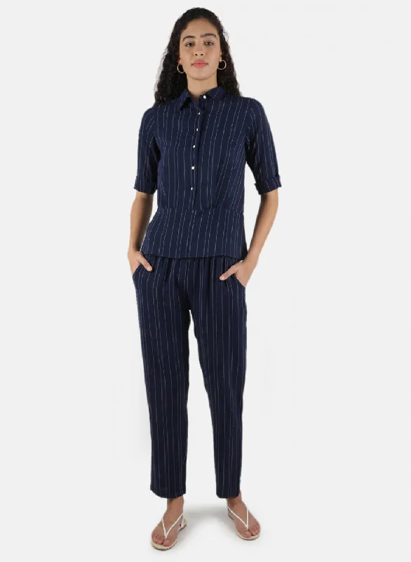 Redefining Women's Fashion Women Navy Blue Stripe Coordinate Set